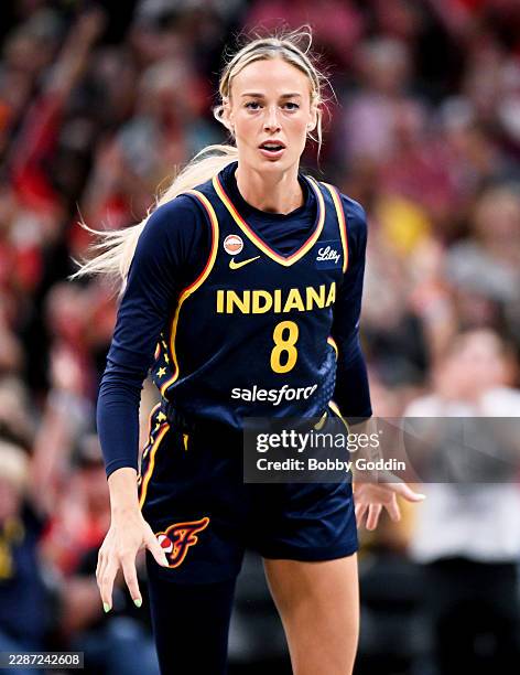 Sophie Cunningham of the Indiana Fever reacts against the New York Liberty during the first half at Gainbridge Fieldhouse on July 18, 2026 in...