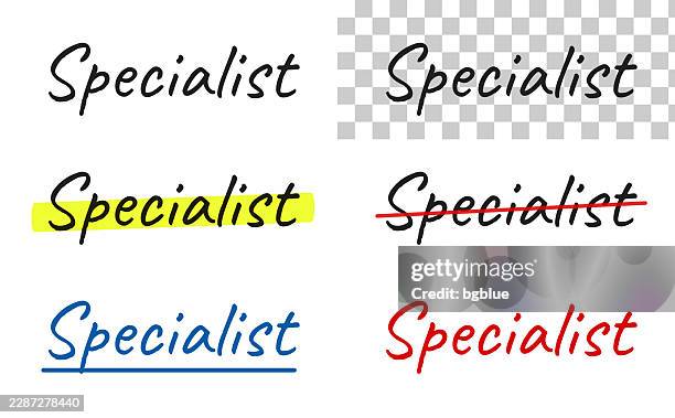 specialist - handwritten text, highlighted, crossed out, underlined on blank background - sage white background stock illustrations