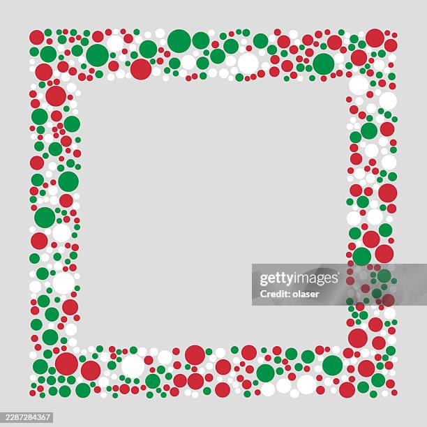 a square decorative frame made of red, green, and white circles surrounds a blank light gray center, creating a festive border with a clean, playful pattern. - window frame stock illustrations