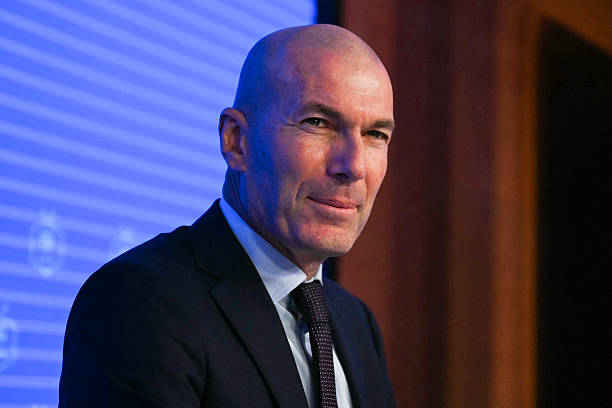 Former French international football player Zinedine Zidane arrives at the press conference to present him as the new head coach of France national...