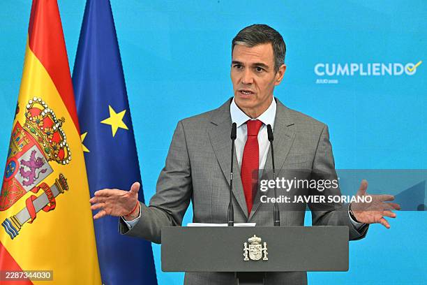 Spanish Prime Minister Pedro Sanchez gives a press conference following the last cabinet meeting before the summer holidays, at La Moncloa Palace in...
