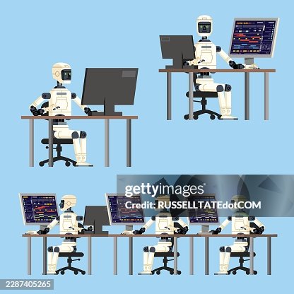 Multiple AI robots working at office desks with computers Multiple AI robots working at office desks with computers