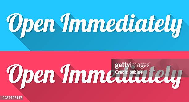 open immediately - flat design with long shadow on blue and red background - now open vector stock illustrations