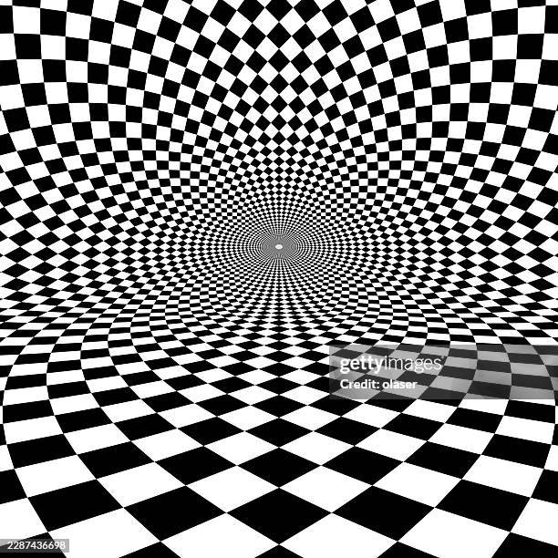 black and white checkerboard pattern bends inward toward a central vanishing point, creating a strong optical illusion of depth and motion across the entire frame. - converging lines black vector stock illustrations