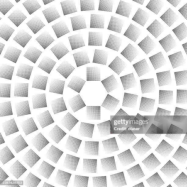 black and white geometric pattern of small dotted squares arranged in concentric circular rings on a white background, creating a clean, rhythmic optical design. - tangle pattern stock illustrations