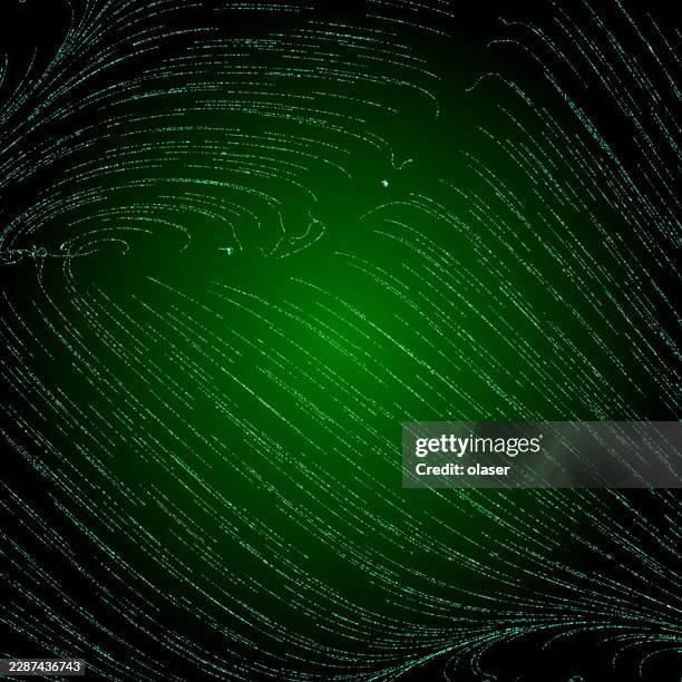 glowing green curved light trails sweep across a dark background, forming a flowing circular pattern with a bright center and fine dotted lines. - text effect stock illustrations
