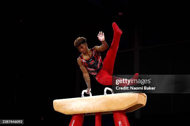 Chane Cumbermack of Team Trinidad and Tobago competes in Pommel Horse during the Men's Team Final and Individual Qualification on day one of the...
