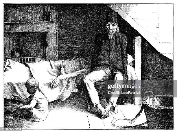 impoverished family suffering in a desolate attic room under a sloped ceiling - slum stock illustrations