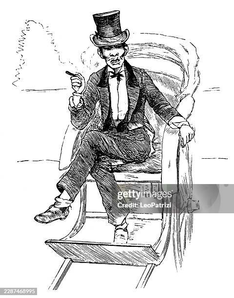 sartorially westernized gentleman smoking a cigar while reclining comfortably inside a rickshaw - rickshaw stock illustrations