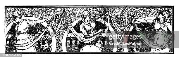 horizontal decorative frieze featuring three women weaving a long continuous fabric band before a botanical backdrop - string orchestra stock illustrations