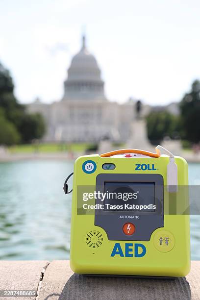 An automated external defibrillator is displayed during the Every Second Counts National CPR and AED Rally and March on July 24, 2026 in Washington,...