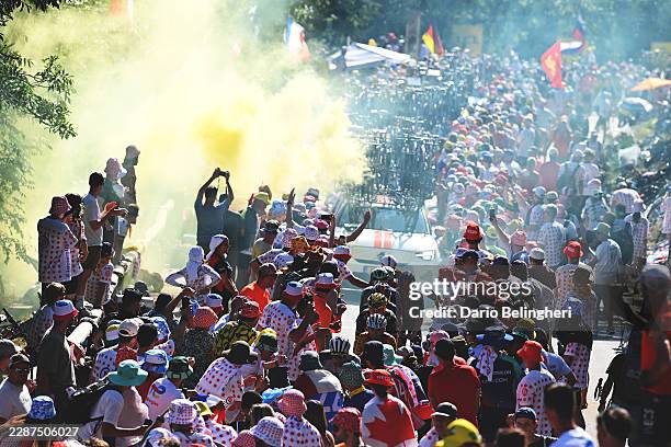 General view of Tim Wellens of Belgium and UAE Team Emirates - XRG, Benjamin Thomas of France and Team Cofidis compete climbing to the Alpe d'Huez...