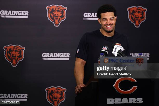Caleb Williams of the Chicago Bears speaks to the media during Chicago Bears Training Camp at Halas Hall on July 29, 2026 in Lake Forest, Illinois.