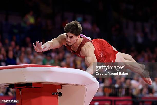 Adam Tobin of Team England competes in Vault during the Men's Team Final and Individual Qualification on day one of the Glasgow 2026 Commonwealth...
