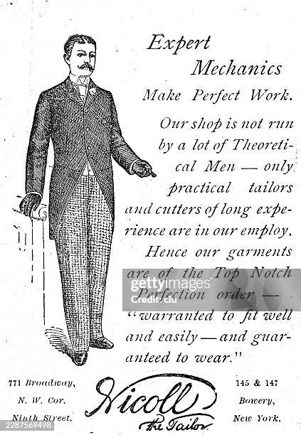 well-dressed man modeling a tailored suit — nicoll the tailor advertises garments made by experienced practical tailors and cutters at broadway and bowery locations in new york city - suit tailor stock illustrations