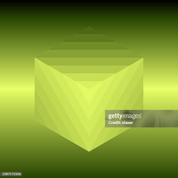 a lime-green faceted geometric cube sits centered on a smooth green gradient background with dark edges and a bright horizontal glow across the middle. - soft light stock illustrations