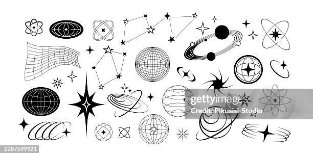 abstract y2k space decorative elements collection with wireframe globes, orbit rings and futuristic vector icons - wireframe globe stock illustrations
