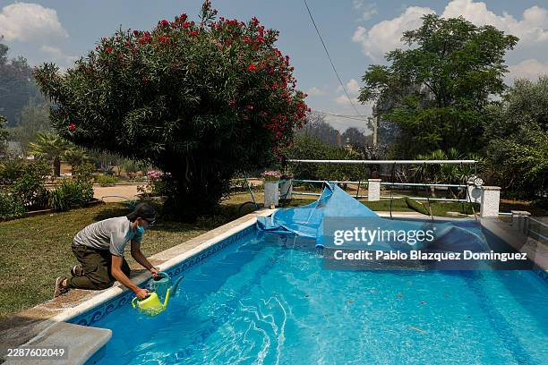 Local volunteer collects water from a swimming pool to combat a fire approaching during a wildfire in Valdesanmartin neighborhood on July 25, 2026 in...