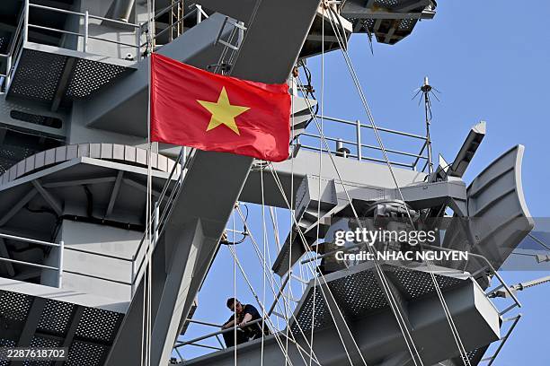 Vietnamese flag is pictured on the USS George Washington aircraft carrier during a port visit in Danang on July 30, 2026.