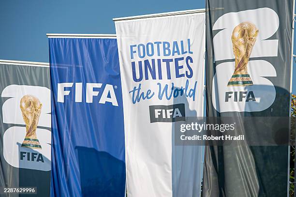 The FIFA flags are seen outside FIFA global headquarters on July 30, 2026 in Zurich, Switzerland. A recent proposal by FIFA President Gianni...