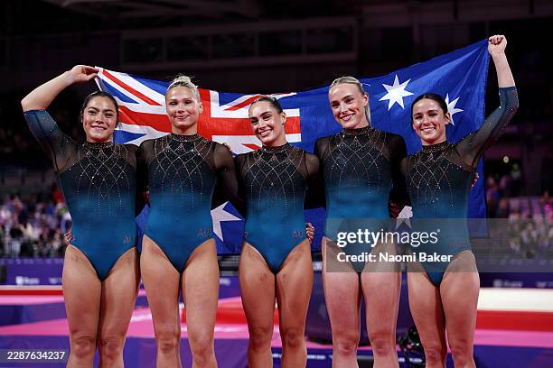 Gold medalists Georgia Godwin, Kate McDonald, Ruby Pass, Breanna Scott and Emily Whitehead of Team Australia celebrate after victory in the Women's...