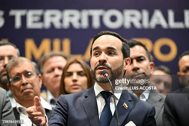 Colombia's president-elect Abelardo de la Espriella speaks during a press conference in Bogota on July 30, 2026. De la Espriella will take office on...
