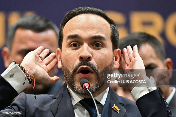 Colombia's president-elect Abelardo de la Espriella gestures during a press conference in Bogota on July 30, 2026. De la Espriella will take office...