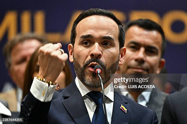 Colombia's president-elect Abelardo de la Espriella speaks during a press conference in Bogota on July 30, 2026. De la Espriella will take office on...