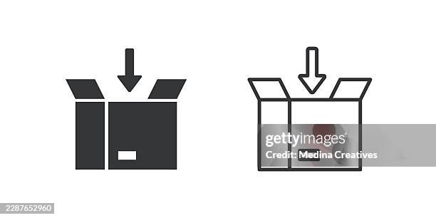 put in box icons. glyph solid and line series icon. - gift returns stock illustrations