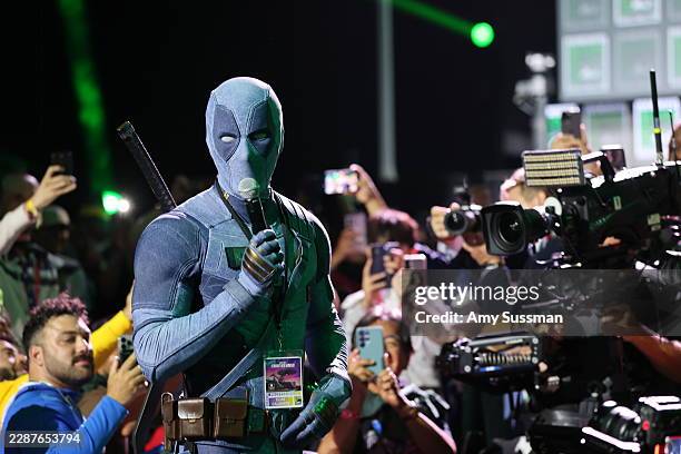Ryan Reynolds in Deadpool cosplay speaks during the 2026 Comic-Con International: San Diego - Marvel Studios Hall H presentation at San Diego...