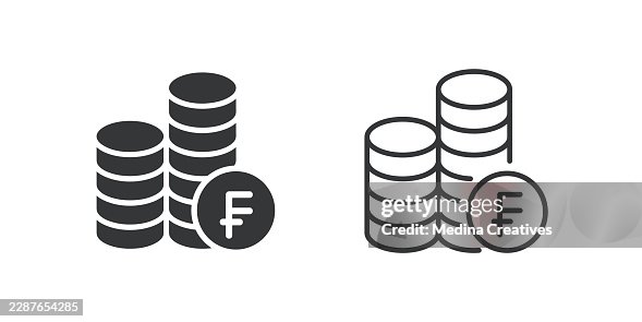Franc Coins Stack icons. Glyph solid and line series icon. Franc Coins Stack icons. Glyph solid and line series icon.