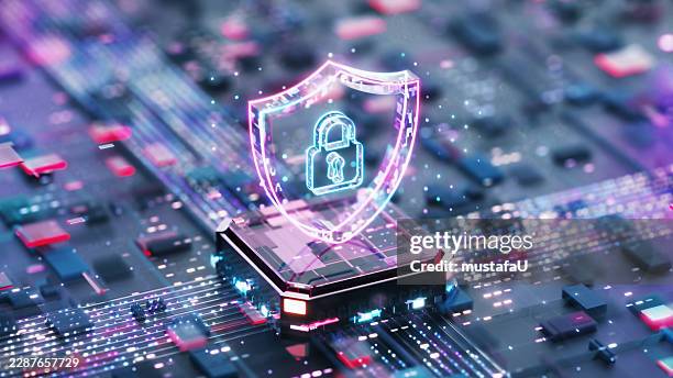 digital security concept. digital shield firewall with central computer processor and futuristic motherboard - coding abstract stock pictures, royalty-free photos & images