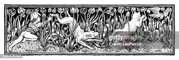 horizontal decorative frieze featuring a whimsical chase sequence with a flower-capped figure, a dog, a cat, and a bird amidst a dense patch of tulips - dog chasing stock illustrations