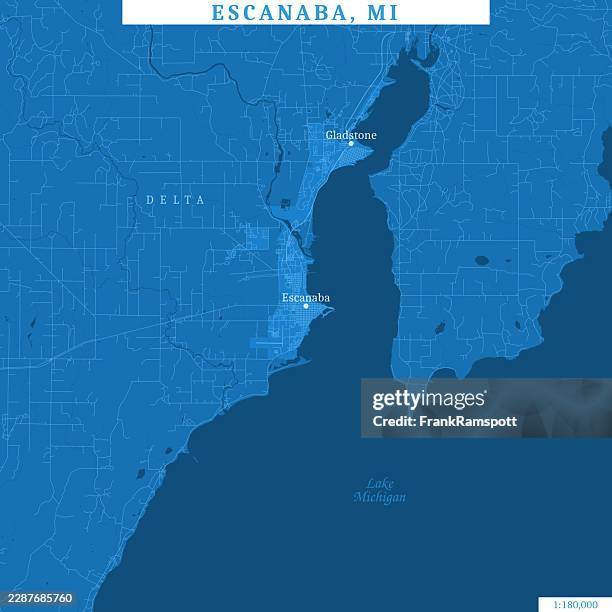 escanaba mi area 180k vector road map blue - river delta stock illustrations