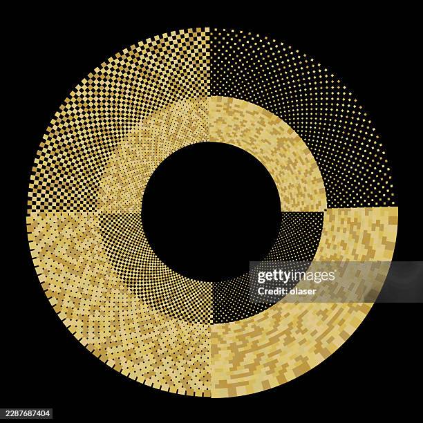 a circular gold ring made of four patterned segments surrounds a solid black center on a black background, creating a geometric decorative design with varied textures and dots. - copper texture stock illustrations