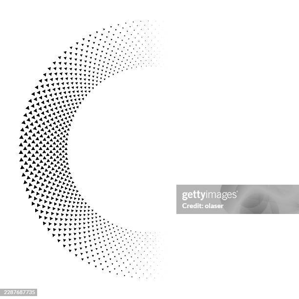a crescent-shaped arc of small black triangles fades from dense to sparse across a clean white background, creating a minimalist geometric pattern with strong negative space. - low contrast image stock illustrations