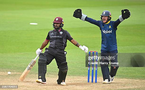 Alex Davies of Warwickshire successfully appeals for the LBW of Savin Perera of Somerset during the Metro Bank One Day Cup match between Somerset and...
