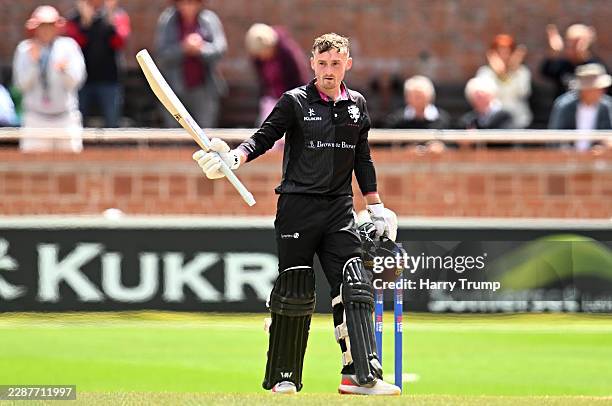 Lewis Goldsworthy of Somerset celebrates their century during the Metro Bank One Day Cup match between Somerset and Warwickshire at The Cooper...