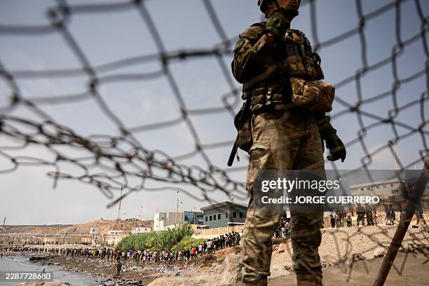 Migrants cross back to Morocco after they crossed the border to enter Spain's north Africa's Ceuta enclave on July 31, 2026. Thousands of migrants...