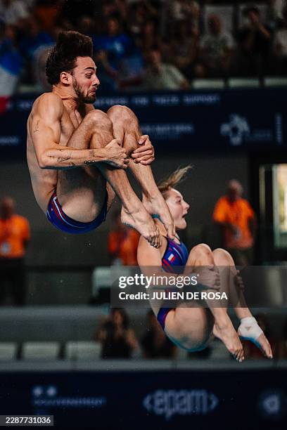 France's Juliette Landi and Jules Bouyer compete in the mixed team diving final of the LEN European Aquatics Championships at the Olympic Aquatics...