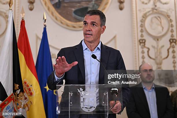 Spain's Prime Minister Pedro Sanchez gives a speechs as he visits the Spanish city of Ceuta in North Africa following an attempted sea crossing by...