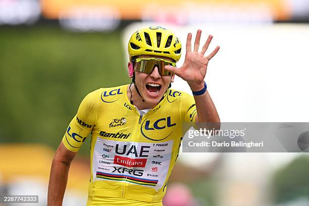 Tadej Pogacar of Slovenia and UAE Team Emirates - XRG - Yellow Leader Jersey celebrates at finish line as final overall winner during the 113th Tour...