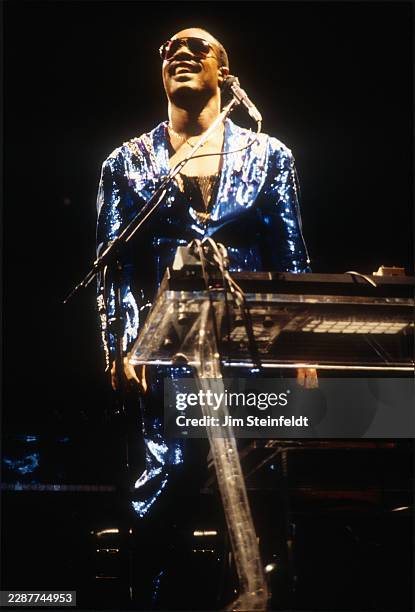 Stevie Wonder performs at the St. Paul Civic Center in St. Paul, Minnesota on September 4, 1986.