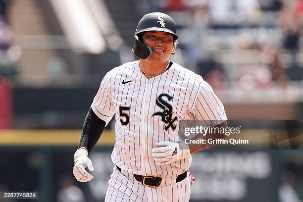 Munetaka Murakami of the Chicago White Sox rounds the bases for a two-run home run in the first inning of the game between the Houston Astros and the...