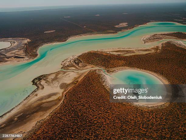 shark bay western australia aerial view turquoise water landscape - salt marsh stock pictures, royalty-free photos & images