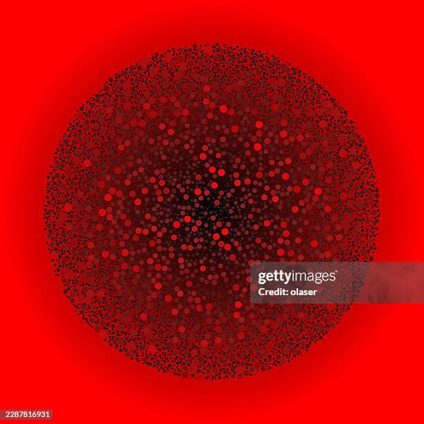 a dense circular cluster of tiny dark and red dots sits centered on a bright red background, creating a vivid radial pattern with a slightly glowing, granular appearance. - plankton stock illustrations