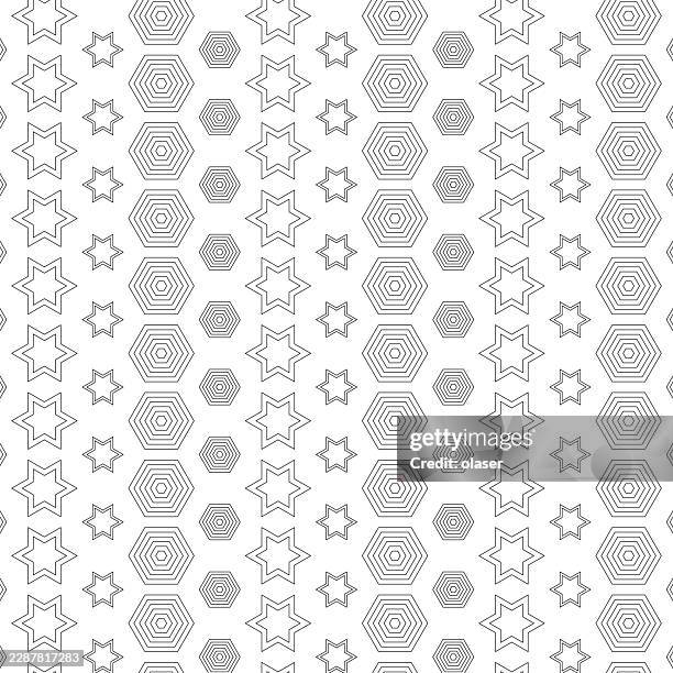 black outlined star and hexagon pattern repeating evenly on a white background, creating a clean geometric wallpaper with a light, minimal, decorative feel. - star pattern stock illustrations