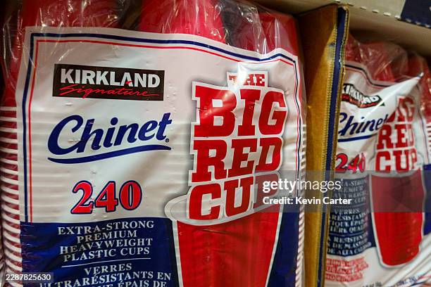 Kirkland Signature Big Red Cup disposable plastic cups are displayed for sale at a Costco warehouse store on July 29, 2026 in Arlington, Virginia.