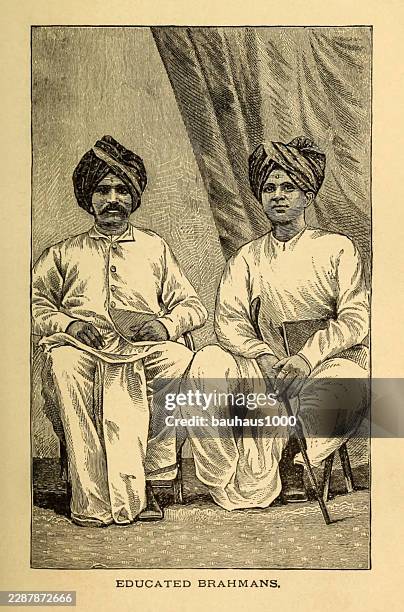historic india illustration: educated brahmans, published in 1881 - hindu priest stock illustrations