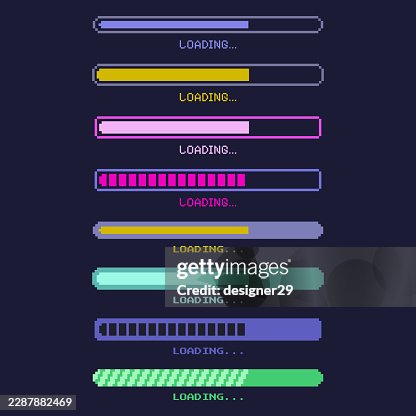 Pixel art progress bar and loading indicator vector elements set on dark background Pixel art progress bar and loading indicator vector elements set on dark background